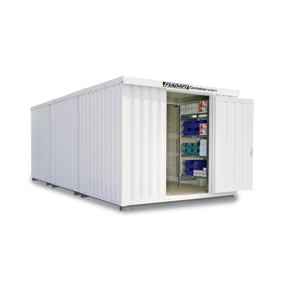 FLADAFI® Materialcontainer-Kombination, isoliert, 18 m², mit isoliertem Boden, HxBxT 2.500 x 3.050 x 6.520 mm, Doppelflügeltür (asymmetrische Teilung), mittig in Stirnseite