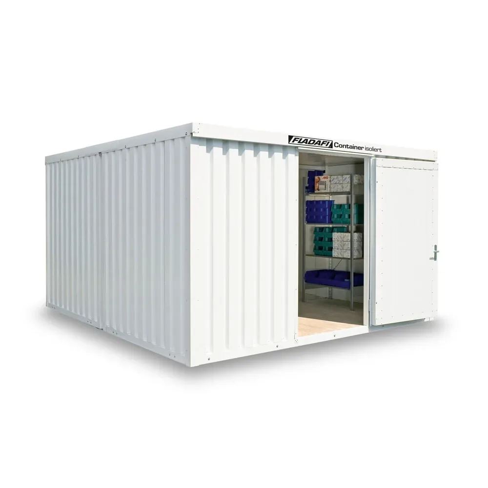 FLADAFI® Materialcontainer-Kombination, isoliert, 18 m², mit Holzfussboden, HxBxT 2.405 x 3.050 x 6.520 mm, Doppelflügeltür (asymmetrische Teilung), mittig in Stirnseite, Zusatztür