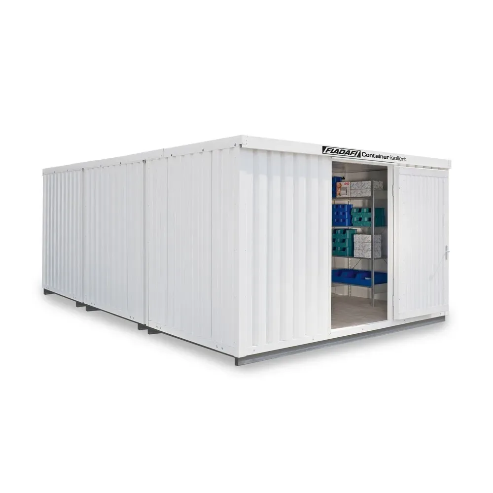 FLADAFI® Materialcontainer-Kombination, isoliert, 25 m², mit isoliertem Boden, HxBxT 2.500 x 4.050 x 6.520 mm, Einzelflügeltür, mittig in Stirnseite