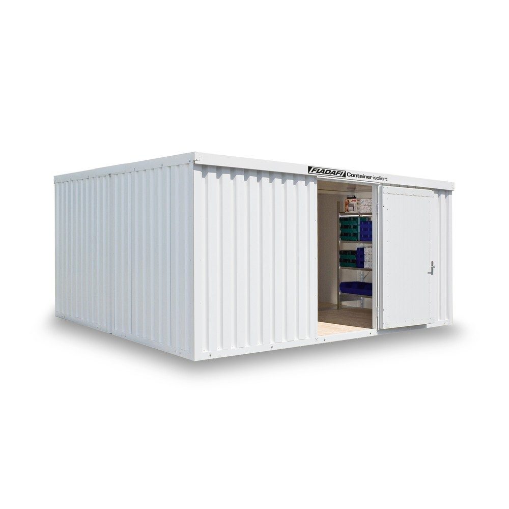 FLADAFI® Materialcontainer-Kombination, isoliert, 30 m², mit Holzfussboden, HxBxT 2.405 x 5.080 x 6.520 mm, Einzelflügeltür, mittig in Stirnseite