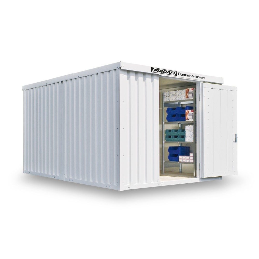 FLADAFI® Materialcontainer-Kombination, isoliert, 12 m², mit Holzfussboden, HxBxT 2.405 x 3.050 x 4.340 mm, Doppelflügeltür (asymmetrische Teilung), mittig in Stirnseite, Zusatztür