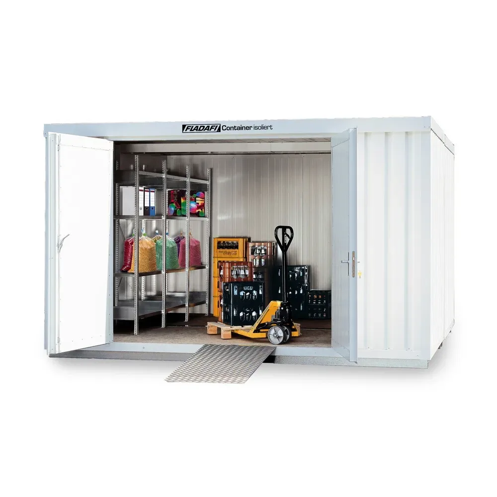 FLADAFI® Materialcontainer-Kombination, isoliert, 12 m², mit isoliertem Boden, HxBxT 2.500 x 3.050 x 4.340 mm, Doppelflügeltür, mittig in Stirnseite