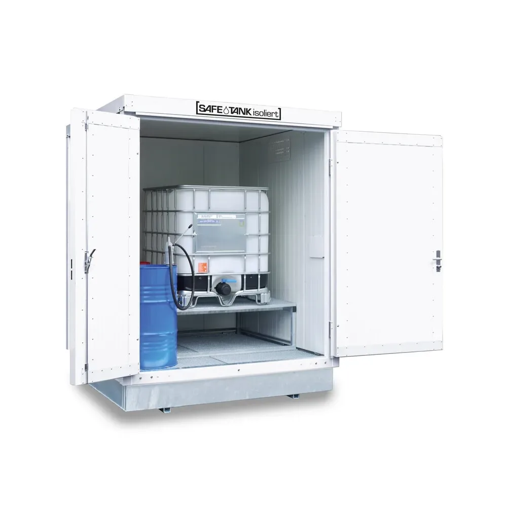 SAFE Tank Gefahrstoffcontainer 400 KTC WGK, isoliert, montiert, kunststoffbeschichtet RAL 9002, Masse aussen 2100x2170x2650 mm, Doppelflügeltür (asymmetrische Teilung), mittig in Stirnseite, Lagerfläche 4 m²