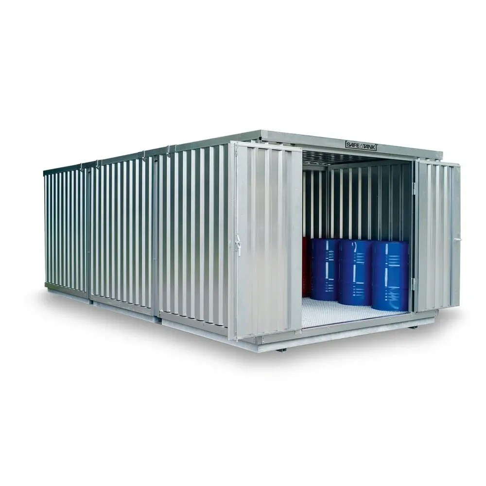 SAFE Tank Gefahrstoffcontainer Kombination 3000 WGK 1-3, verzinkt, vormontiert, Masse aussen 3050x6520x2310 mm, Einzelflügeltür, mittig im Modul, Lagerfläche 19 m²