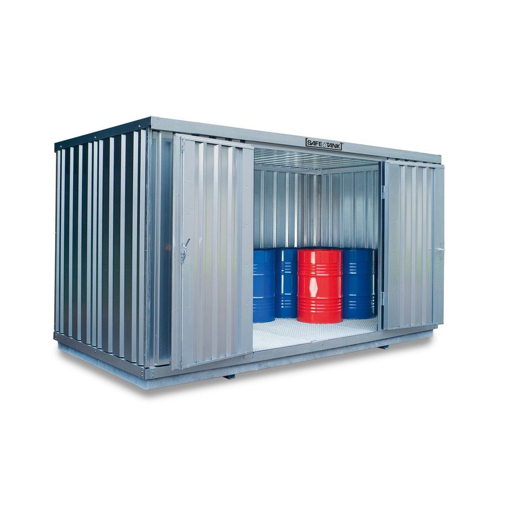 SAFE Tank Gefahrstoffcontainer 1000 WGK, verzinkt, montiert, Innen- und Aussenaufstellung, Masse aussen 3050x2170x2350 mm, Einzelflügeltür, mittig in 2 m Seite, Lagerfläche 6 m²