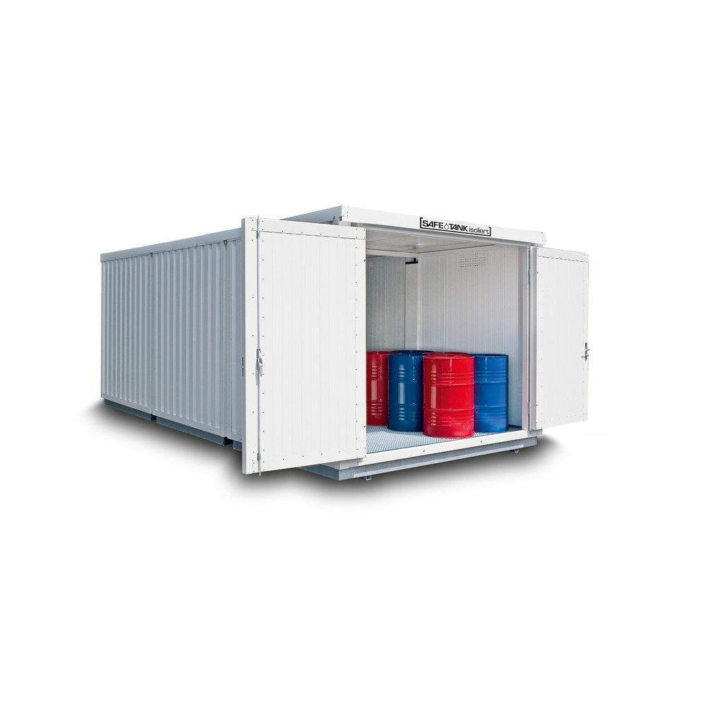 SAFE Tank Gefahrstoffcontainer Kombination 4000 WGK 1-3, isoliert, vormontiert, kunststoffbeschichtet RAL 9002, Masse aussen 5080x4340x2520 mm, Doppelflügeltür (asymmetrische Teilung), mittig in Breitseite, Zusatztür, Lagerfläche 20 m²