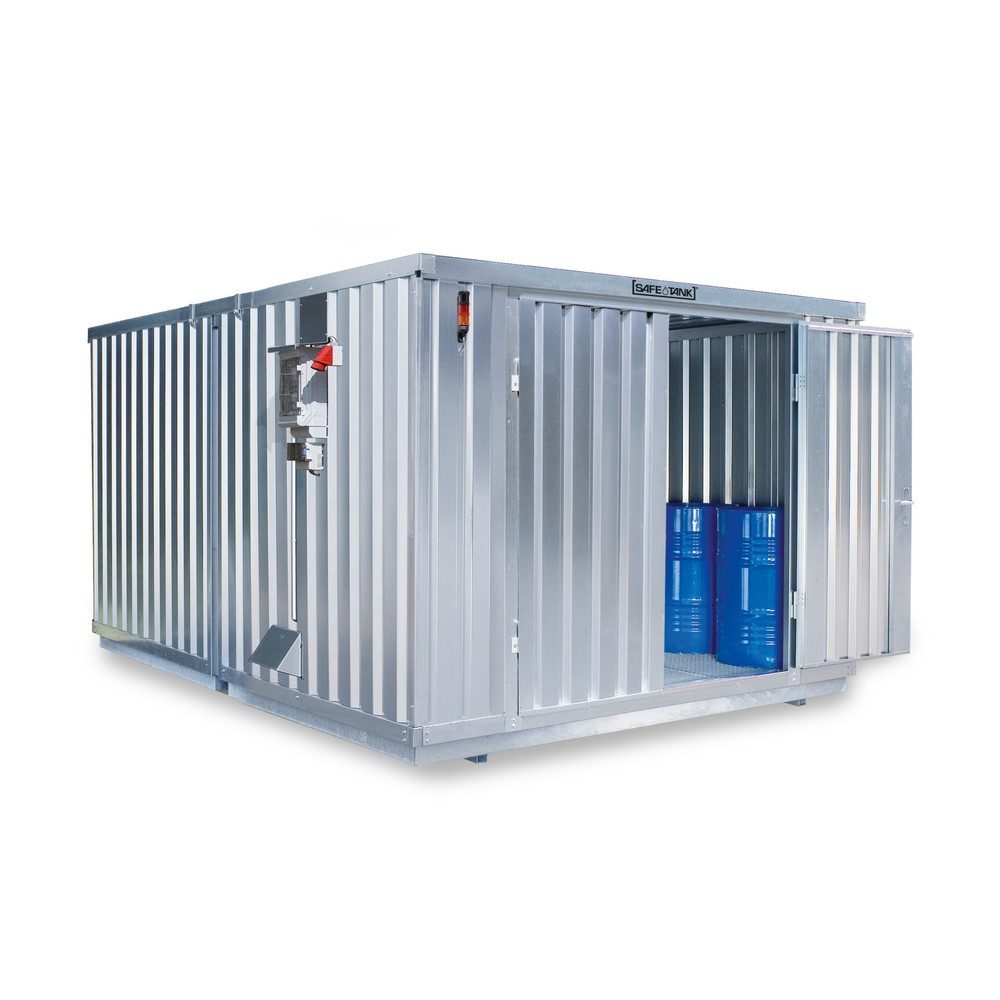 SAFE Tank Gefahrstoffcontainer 2000 CONTROL, automatisierte Explosionsschutzeinrichtung für höchste Energieeffizienz u. Sicherheit, Masse aussen 3350x4340x2310 mm, Doppelflügeltür (asymmetrische Teilung), mittig im Modul, Lagerfläche 12 m²
