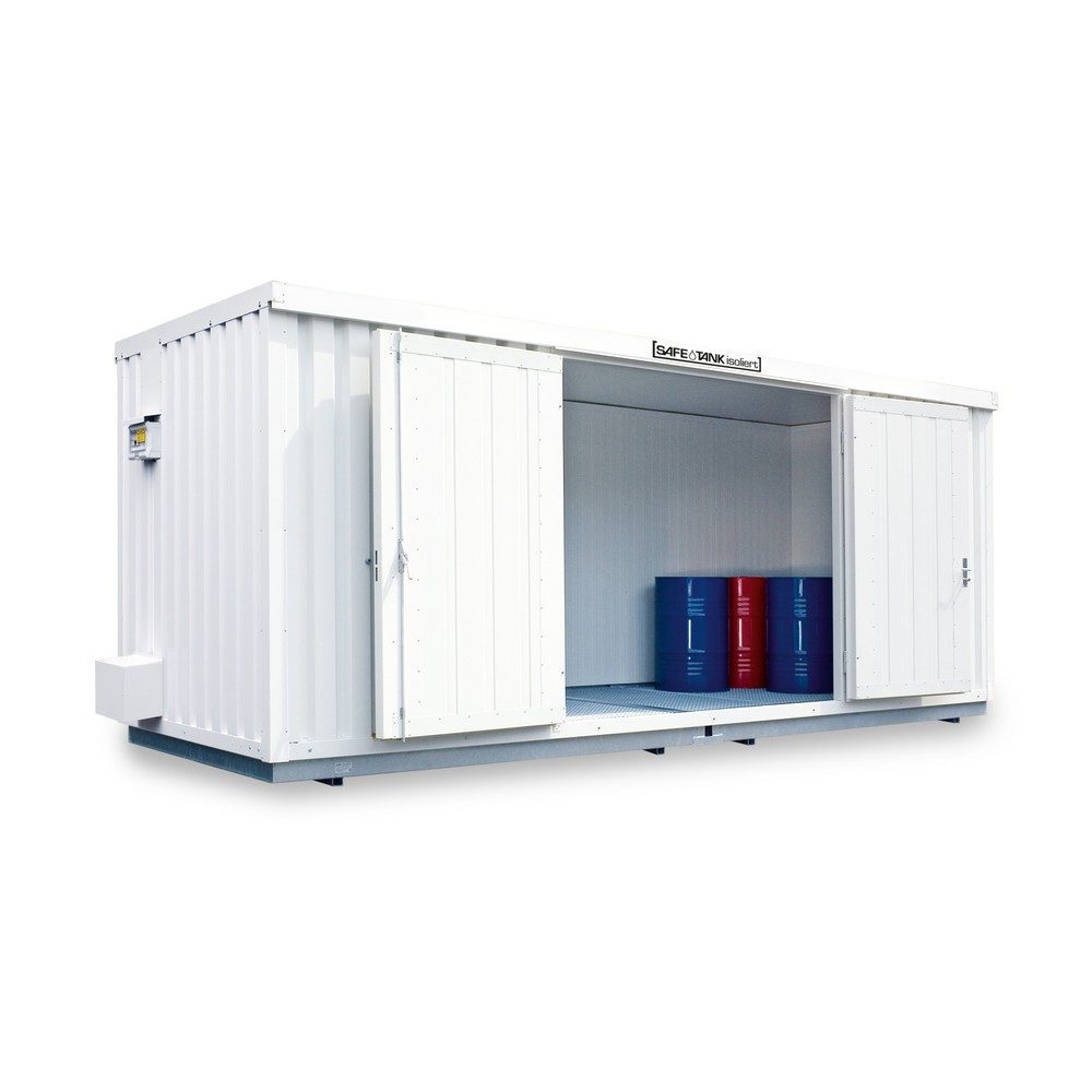 SAFE Tank Gefahrstoffcontainer 1900 ALG, isoliert, Aussenaufstellung, komplett montiert, kunststoffbeschichtet RAL 9002, Masse aussen 6380x2170x2560 mm, Doppelflügeltür (asymmetrische Teilung), mittig in Breistseite, Lagerfläche 11 m²