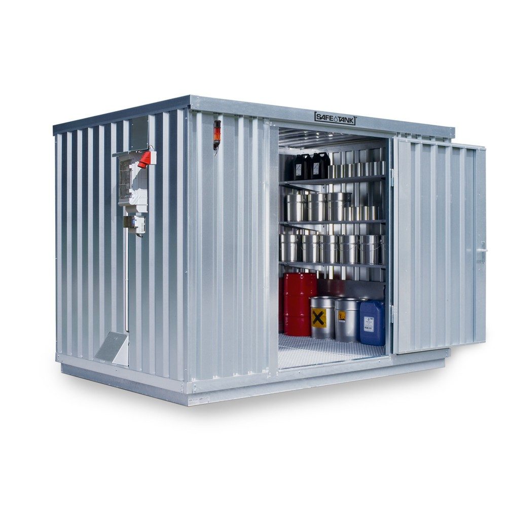SAFE Tank Gefahrstoffcontainer 1000 CONTROL, automatisierte Explosionsschutzeinrichtung für höchste Energieeffizienz u. Sicherheit, Masse aussen 3350x2170x2310 mm, Doppelflügeltür, mittig in der langen Seite, Lagerfläche 6 m²