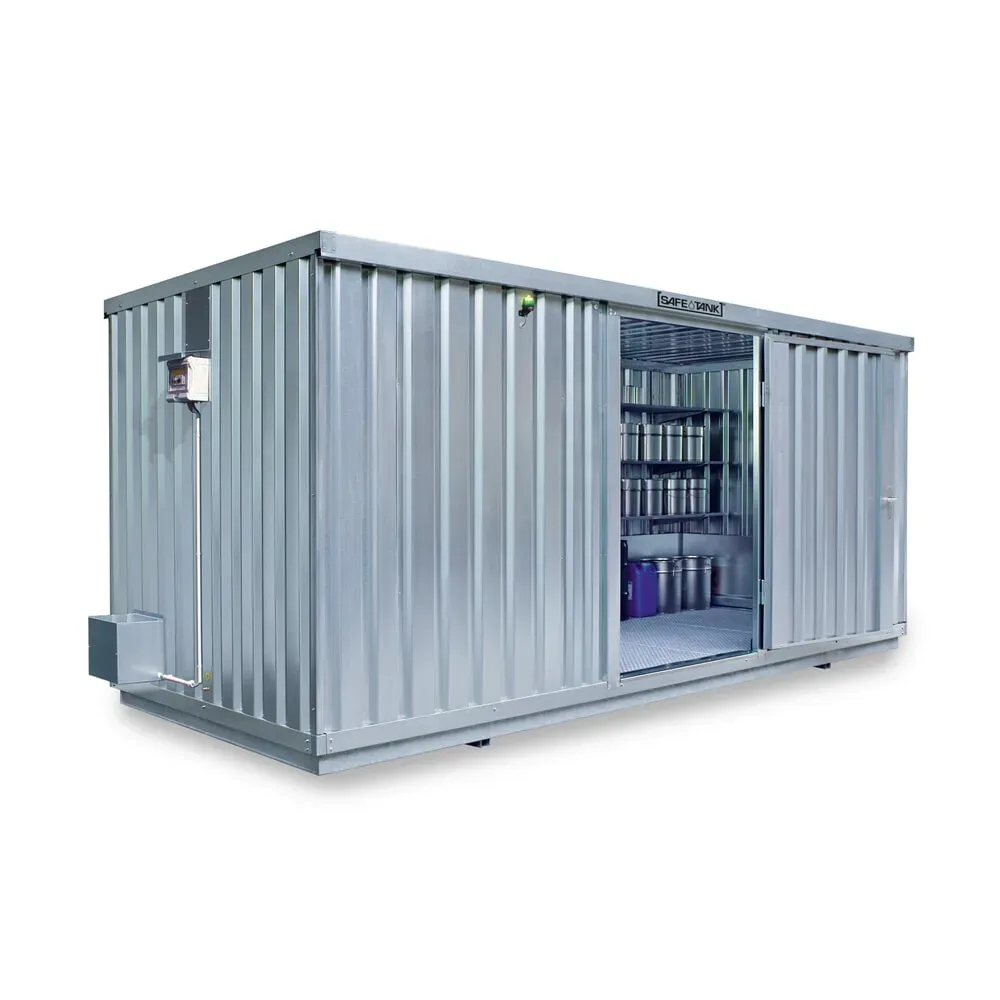 SAFE Tank Gefahrstoffcontainer 1700 ECO, energieeffizient durch bedarfsgerechte Lüftersteuerung, Masse aussen 5380x2170x2300 mm, Einzelflügeltür, mittig in Breitseite, Lagerfläche 10 m²