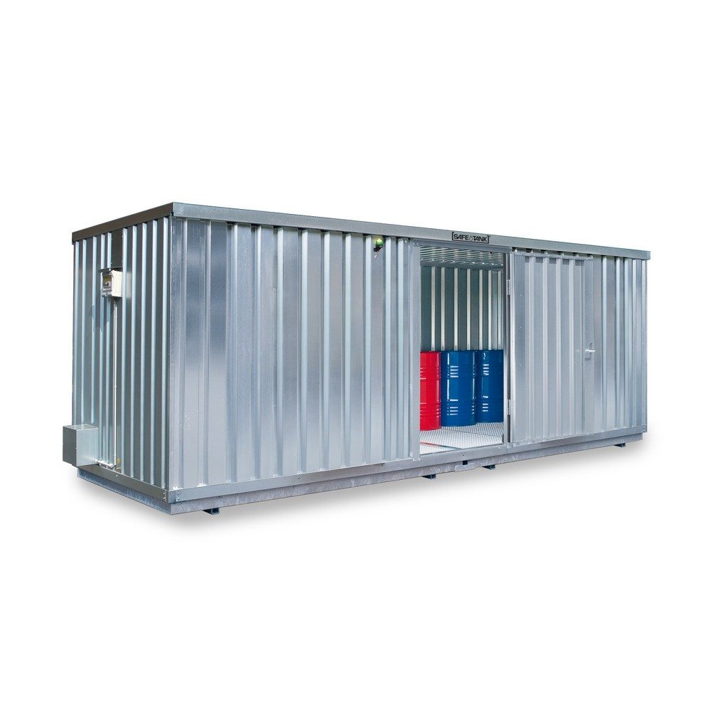 SAFE Tank Gefahrstoffcontainer 1900 ECO, energieeffizient durch bedarfsgerechte Lüftersteuerung, Masse aussen 6380x2170x2310 mm, Doppelflügeltür, mittig in der breiten Seite, Lagerfläche 12 m²