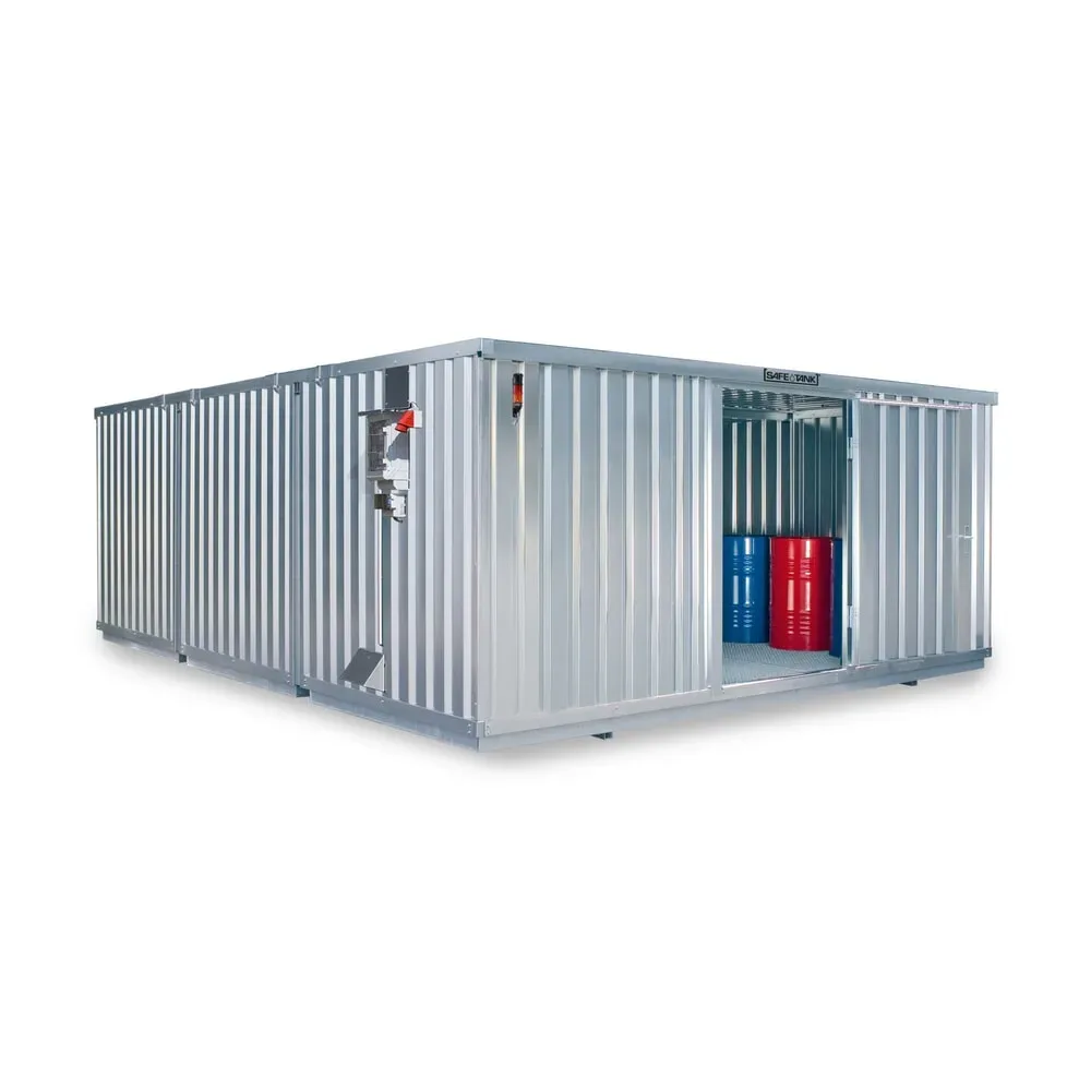 SAFE Tank Gefahrstoffcontainer 5000 CONTROL, automatisierte Explosionsschutzeinrichtung für höchste Energieeffizienz u. Sicherheit, Masse aussen 5380x6520x2300 mm, Einzelflügeltür, mittig in der kurzen Seite, Lagerfläche 32 m²