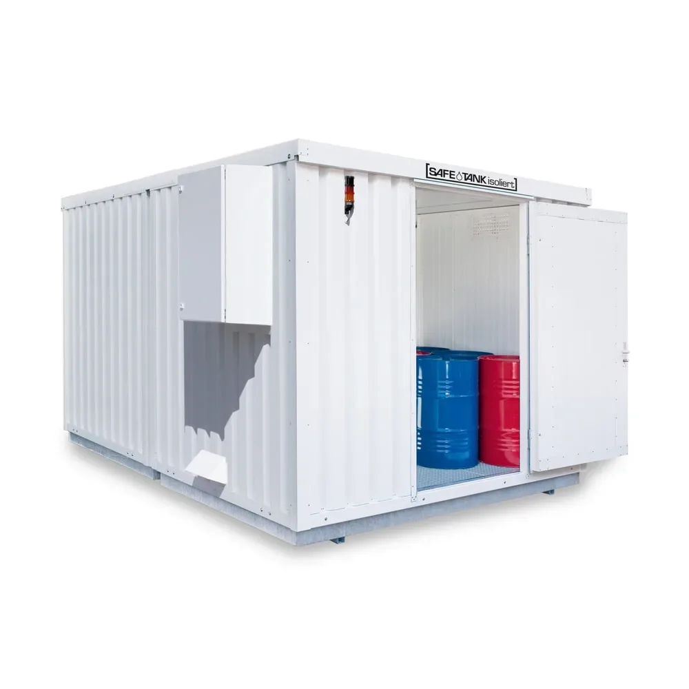 SAFE Tank Gefahrstoffcontainer 2000 CONTROL isoliert, automatisierte Explosionsschutzeinrichtung für höchste Energieeffizienz u. Sicherheit, Masse aussen 3350x4340x2560 mm, Einzelflügeltür, mittig in Breitseite, Lagerfläche 12 m²