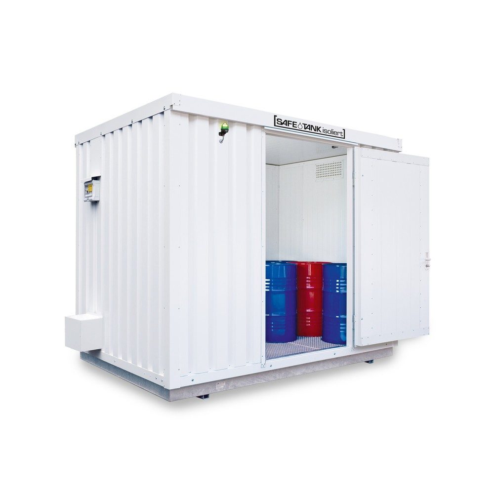 SAFE Tank Gefahrstoffcontainer 1000 ECO, isoliert, energieeffizient durch bedarfsgerechte Lüftersteuerung, Masse aussen 3350x2170x2560 mm, Einzelflügeltür, mittig in Breitseite, Lagerfläche 6 m²