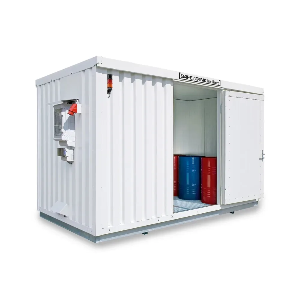 SAFE Tank Gefahrstoffcontainer 1350 CONTROL isoliert, automatisierte Explosionsschutzeinrichtung für höchste Energieeffizienz u. Sicherheit, Masse aussen 4350x2170x2510 mm, Einzelflügeltür, mittig in Breitseite, Lagerfläche 7 m²
