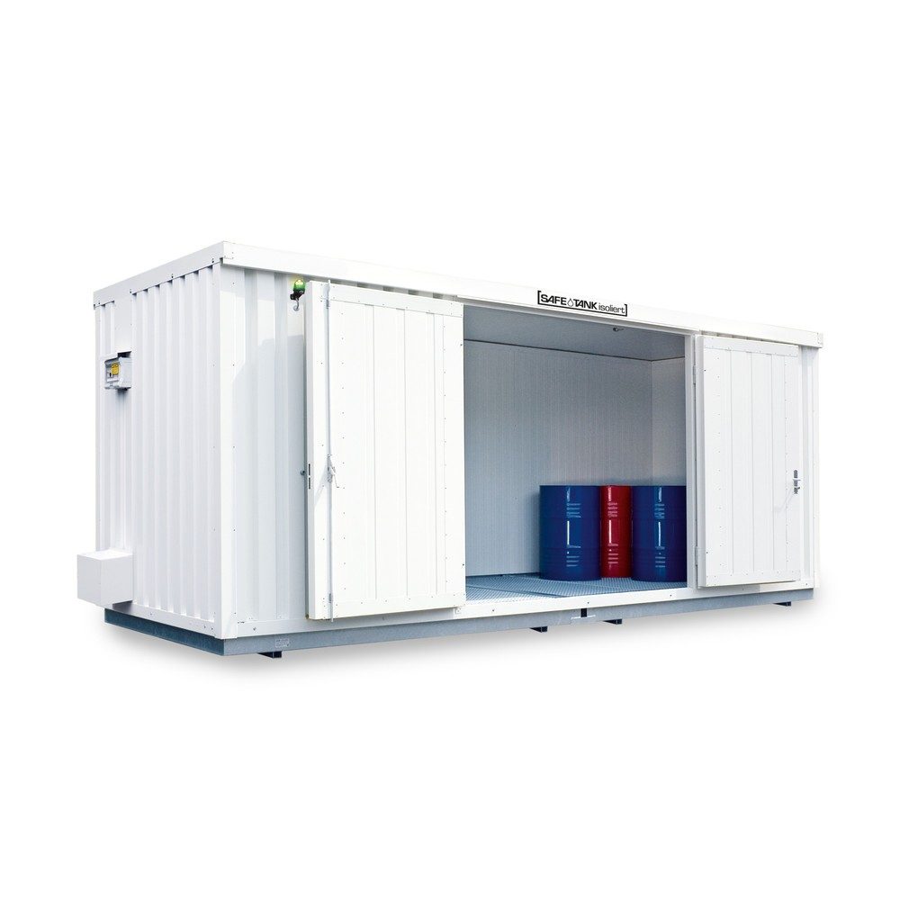 SAFE Tank Gefahrstoffcontainer 1900 ECO, isoliert, energieeffizient durch bedarfsgerechte Lüftersteuerung, Masse aussen 6380x2170x2560 mm, Doppelflügeltür (asymmetrische Teilung), mittig in Breitseite, Lagerfläche 11 m²