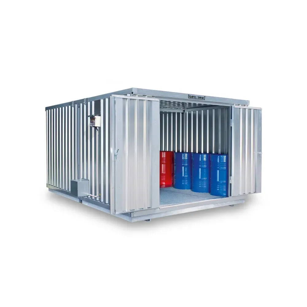 SAFE Tank Gefahrstoffcontainer Kombination 2000 ALG, verzinkt, vormontiert, Masse aussen 3350x4340x2300 mm, Doppelflügeltür (asymmetrische Teilung), mittig in der kurzen Seite, Lagerfläche 12 m²