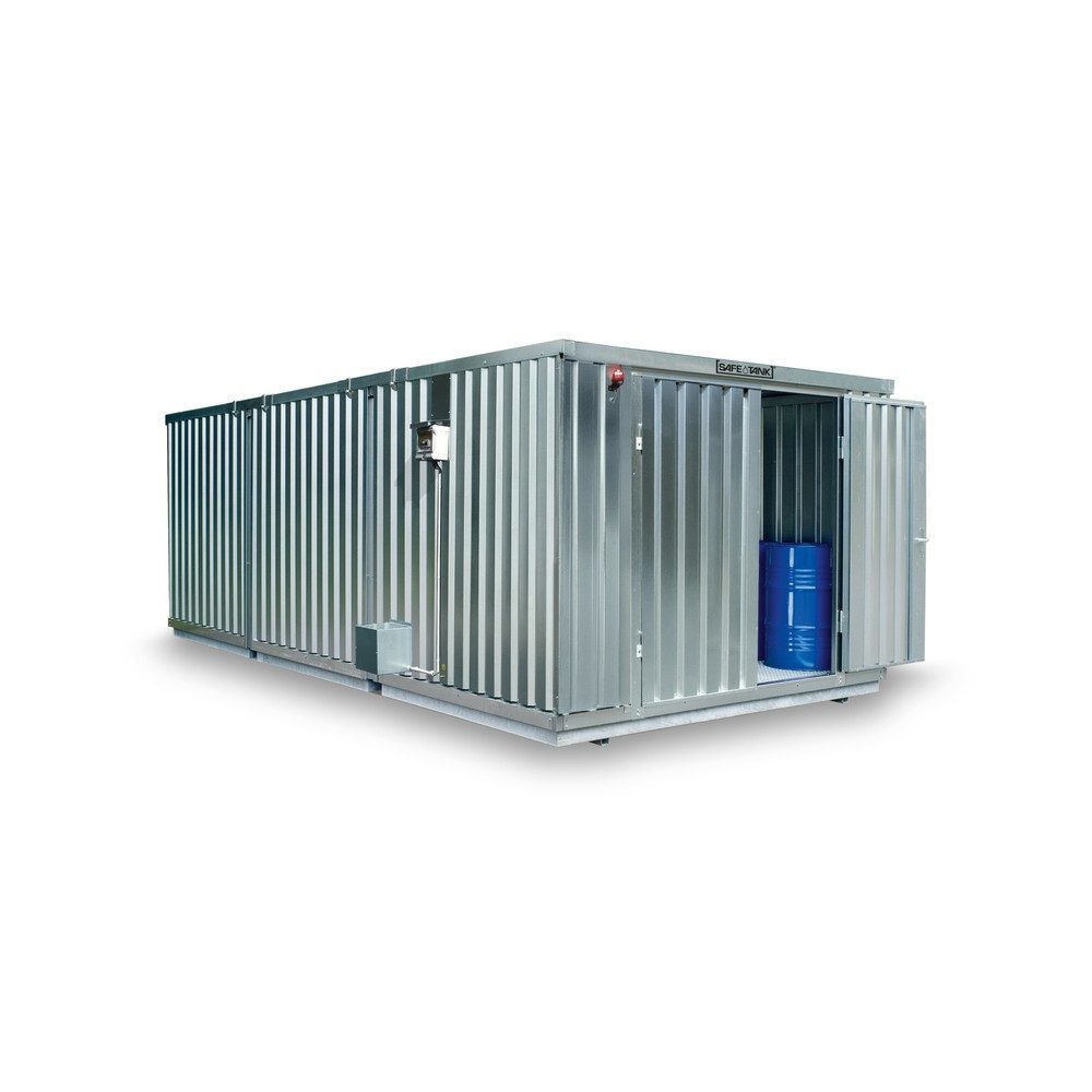 SAFE Tank Gefahrstoffcontainer Kombination 5000 ALG, verzinkt, vormontiert, Masse aussen 5380x6520x2300 mm, Doppelflügeltür (asymmetrische Teilung), mittig in der kurzen Seite, Zusatztür, Lagerfläche 32 m²