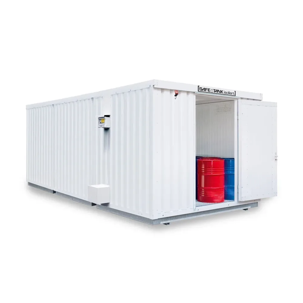 SAFE Tank Gefahrstoffcontainer Kombination 2000 ALG, isoliert, vormontiert, kunststoffbeschichtet RAL 9002, Masse aussen 3350x4340x2560 mm, Doppelflügeltür (asymmetrische Teilung), mittig in Stirnseite, Zusatztür, Lagerfläche 11 m²