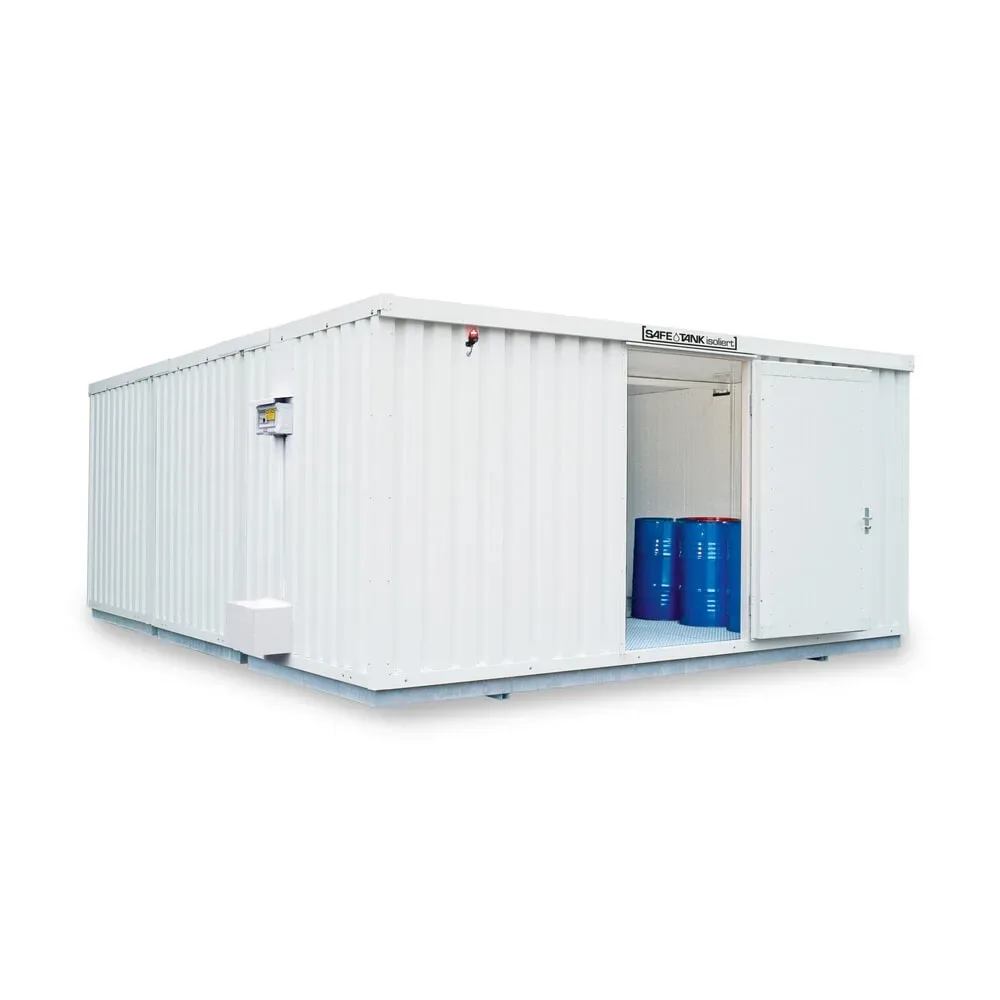 SAFE Tank Gefahrstoffcontainer Kombination 5000 ALG, isoliert, vormontiert, kunststoffbeschichtet RAL 9002, Masse aussen 5380x6520x2520 mm, Doppelflügeltür (asymmetrische Teilung), mittig im Modul, Lagerfläche 30 m²