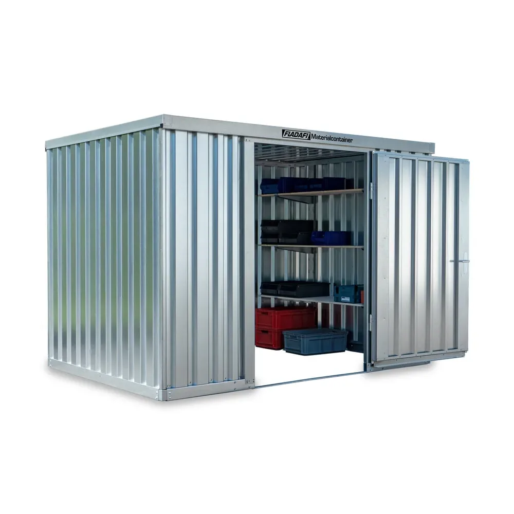 FLADAFI® Materialcontainer, verzinkt, zerlegt, 8 m², ohne Boden, HxBxT 2.115 x 4.050 x 2.170 mm, Einzelflügeltür, mittig in Stirnseite