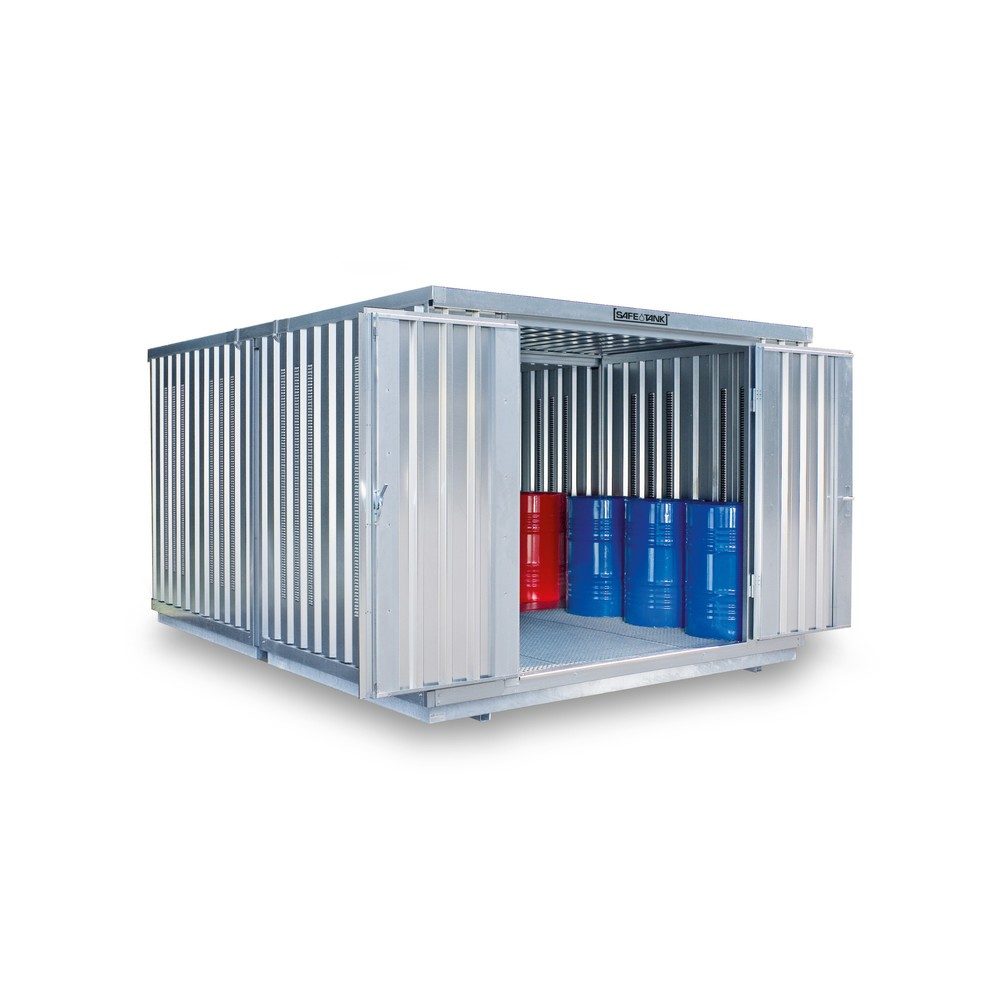 SAFE Tank Gefahrstoffcontainer Kombination 2500 PLG, verzinkt, vormontiert, Masse aussen 4050x4340x2300 mm, Doppelflügeltür (asymmetrische Teilung), mittig in der kurzen Seite, Lagerfläche 16 m²