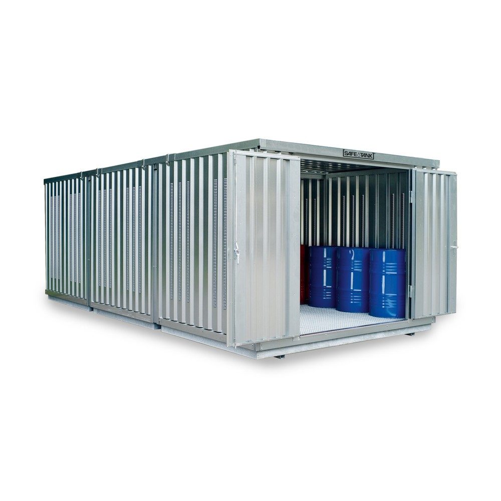 SAFE Tank Gefahrstoffcontainer Kombination 4000 PLG, verzinkt, vormontiert, Masse aussen 5080x4340x2300 mm, Doppelflügeltür, mittig in der langen Seite, Lagerfläche 21 m²