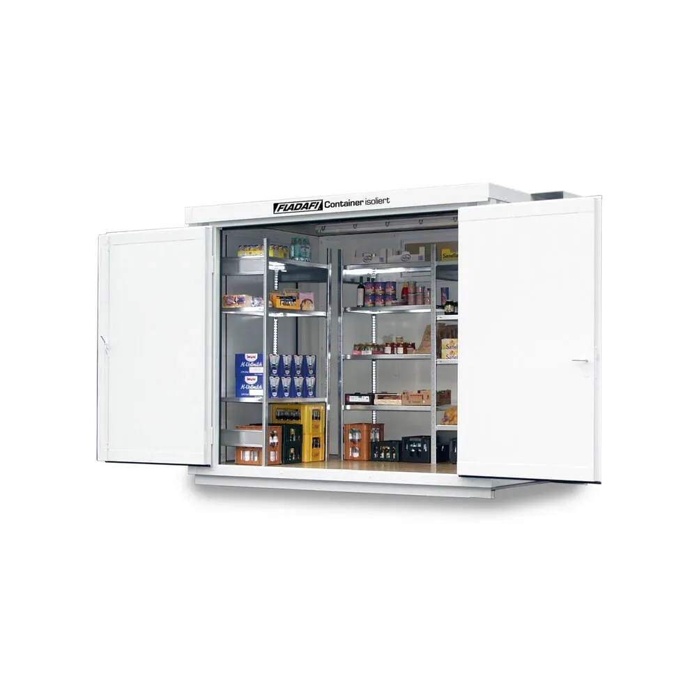 FLADAFI® Materialcontainer, isoliert, 6 m², mit isoliertem Boden, HxBxT 2.500 x 3.050 x 2170 mm, Doppelflügeltür (asymmetrische Teilung), mittig in Breitseite, Zusatztür