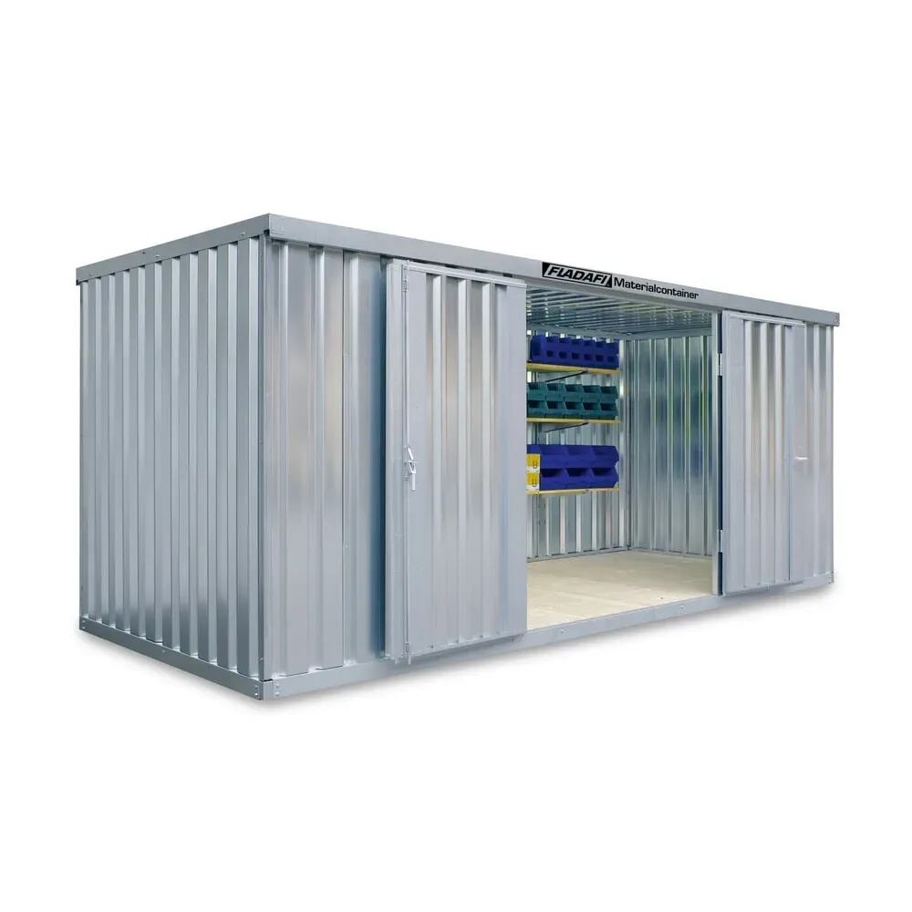 FLADAFI® Materialcontainer, verzinkt, zerlegt, 10 m², mit Holzfussboden, HxBxT 2.150 x 5.080 x 2.170 mm, Einzelflügeltür, mittig in Stirnseite