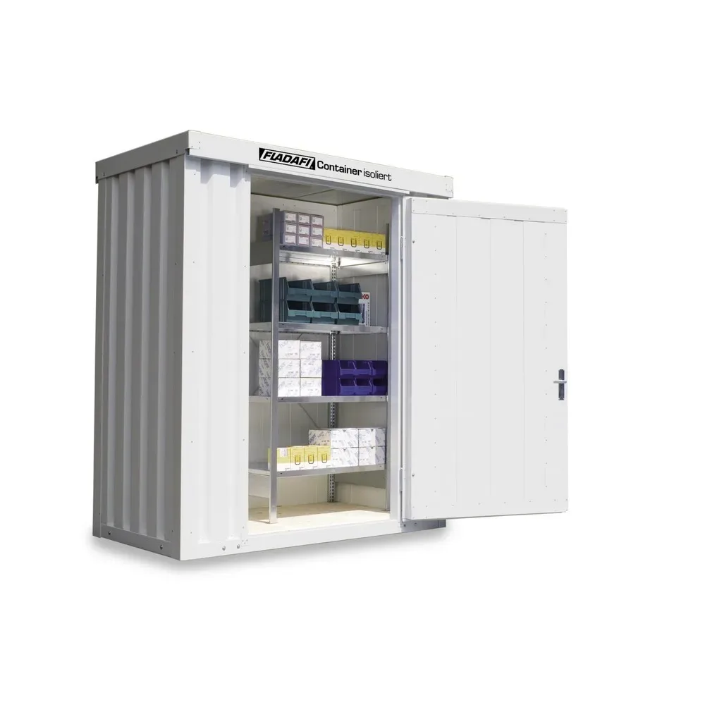 FLADAFI® Materialcontainer, isoliert, 2 m², mit Holzfussboden, HxBxT 2.405 x 2 100 x 1.140 mm, Einzelflügeltür, mittig in Breitseite