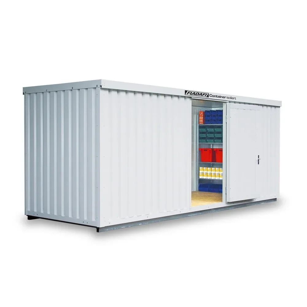 FLADAFI® Materialcontainer, isoliert, 12 m², mit isoliertem Boden, HxBxT 2.500 x 6.080 x 2.170 mm, Doppelflügeltür (asymmetrische Teilung), mittig in Stirnseite