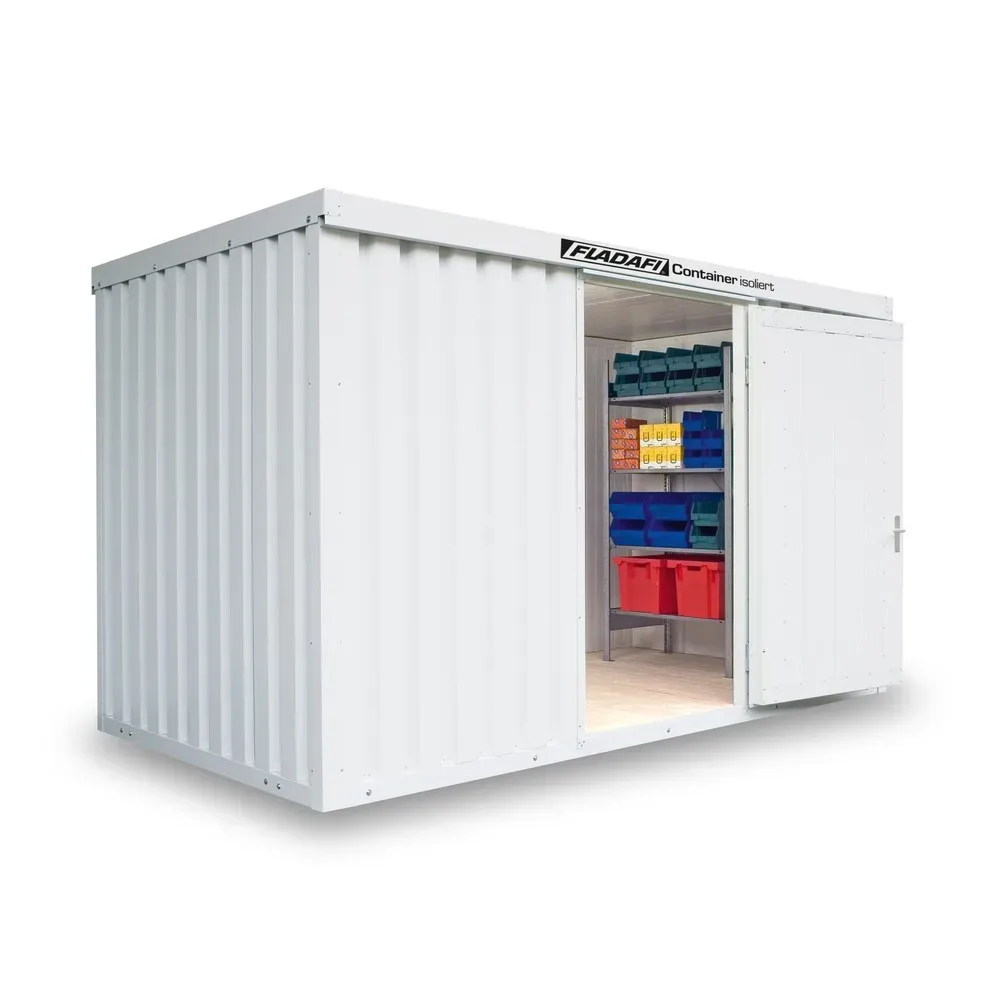 FLADAFI® Materialcontainer, isoliert, 8 m², mit Holzfussboden, HxBxT 2.405 x 4.050 x 2170 mm, Doppelflügeltür (asymmetrische Teilung), mittig in Breitseite, Zusatztür