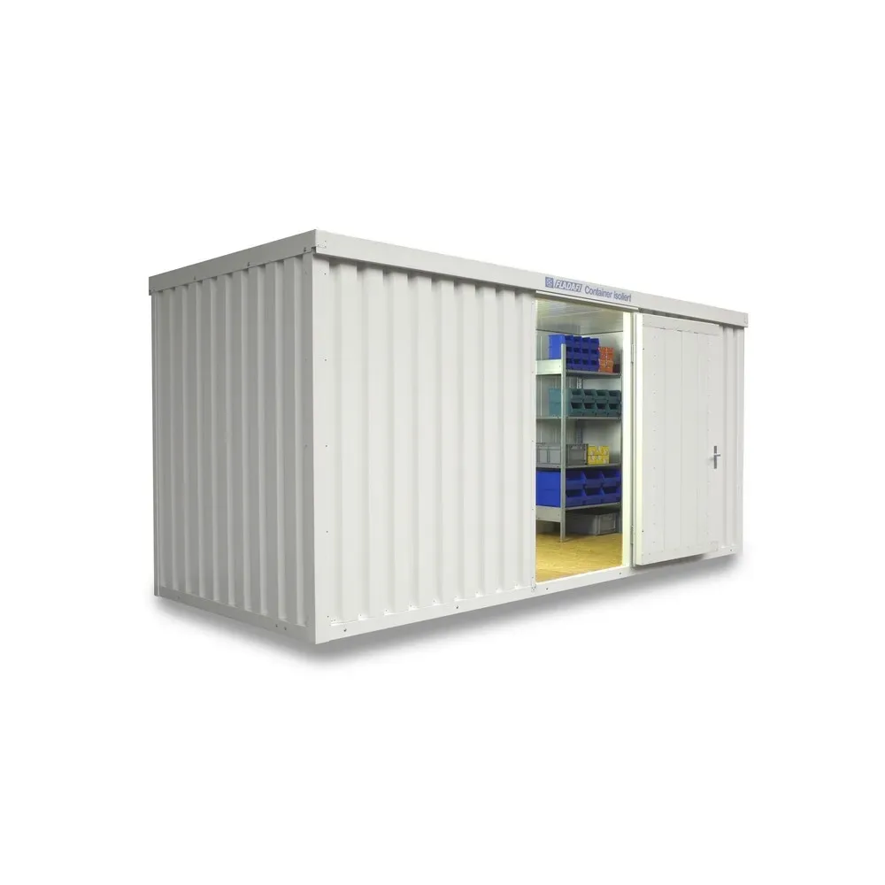 FLADAFI® Materialcontainer, isoliert, 10 m², mit Holzfussboden, HxBxT 2.405 x 5.080 x 2.170 mm, Doppelflügeltür, mittig in Breitseite
