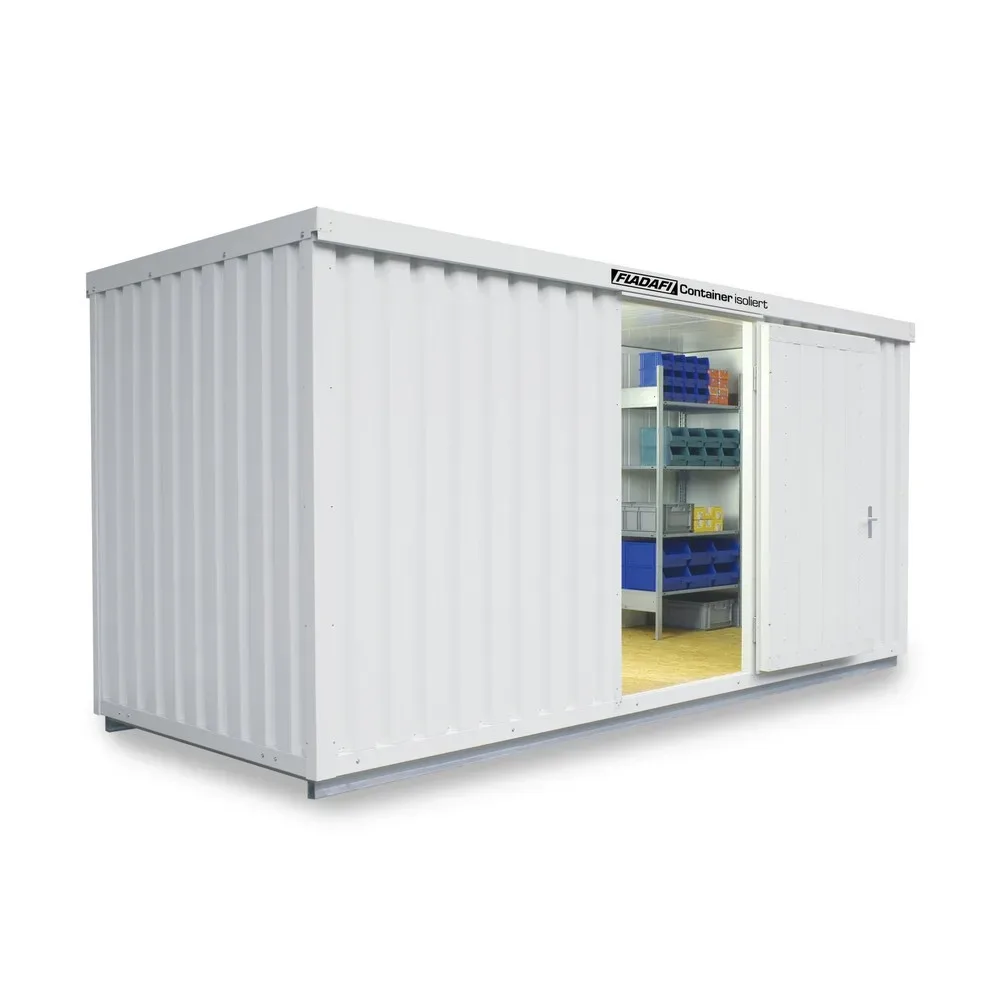 FLADAFI® Materialcontainer, isoliert, 10 m², mit isoliertem Boden, HxBxT 2.500 x 5.080 x 2.170 mm, Einzelflügeltür, mittig in Breitseite