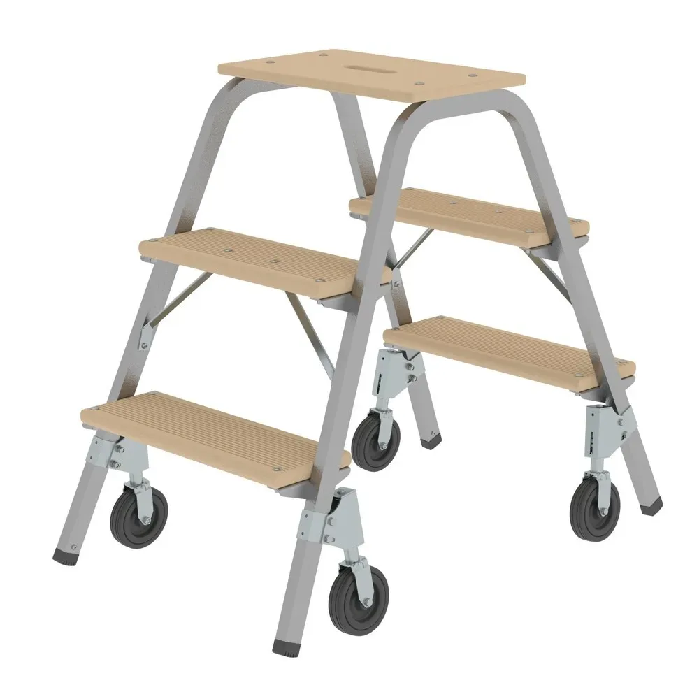 Stahlrohr-Tritt mit Holzstufen mit 4 Bremsrollen 3 Stufen inkl. Plattform. MUNK GmbH 23630649