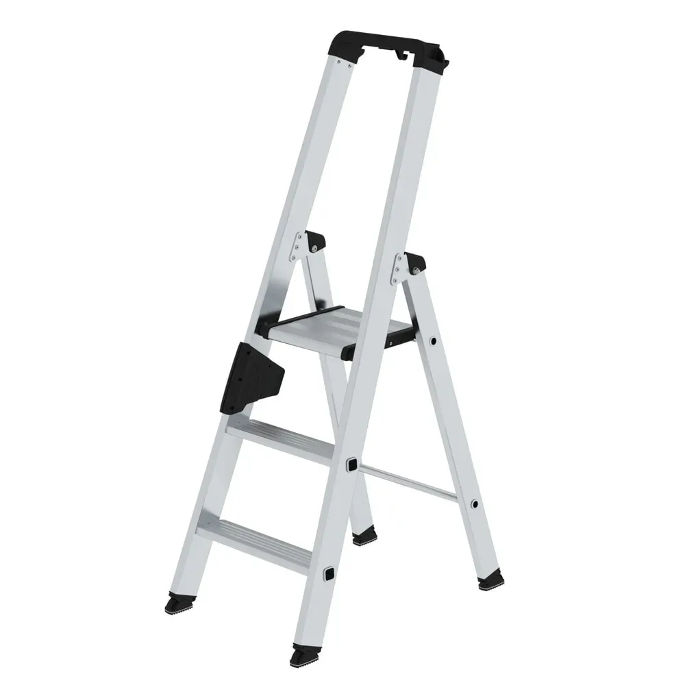 Munk Stufen-Stehleiter, Aluminium, einseitig begehbar, geriffelte Stufen, bis 150 kg, nivello® Leiterschuhe, 3 Stufen