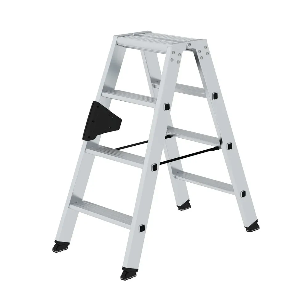Munk Stufen-Stehleiter, 2 x 4 Stufen, Aluminium, Rechteckrohr-Holme, 80 mm Stufen, ergo-pad® Griffzone, nivello® Leiterschuhe, bis 150?kg