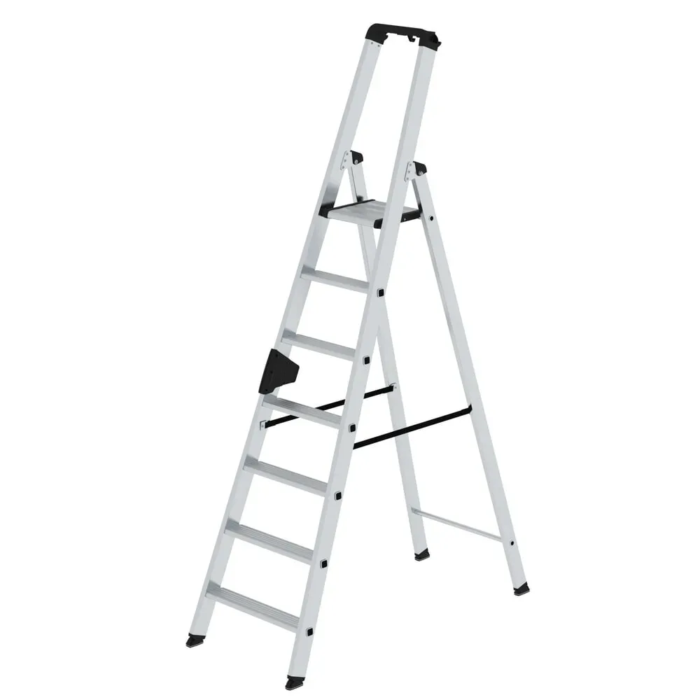 Munk Stufen-Stehleiter, Aluminium, einseitig begehbar, geriffelte Stufen, bis 150 kg, nivello® Leiterschuhe, 7 Stufen
