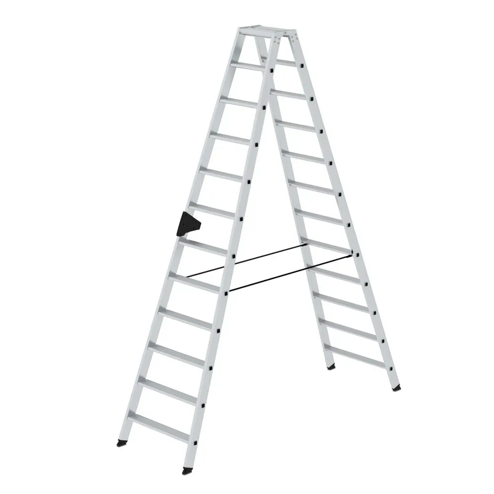 Munk Aluminium-Stufen-Stehleiter, 2 x 12 Stufen, 80 mm geriffelt, nivello® Leiterschuhe, ergo-pad® Griff, 150 kg Tragkraft, Spreizsicherung