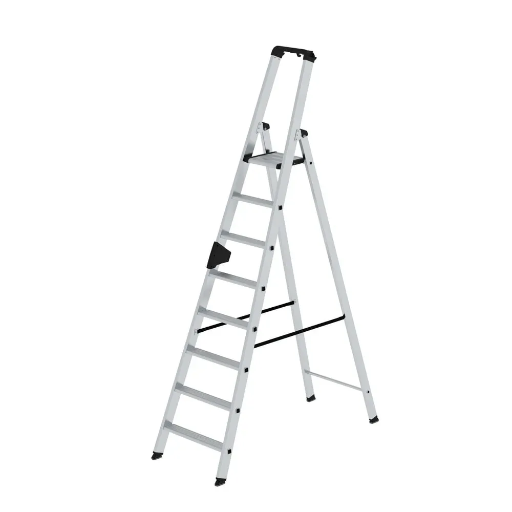 Munk Stufen-Stehleiter, Aluminium, einseitig begehbar, geriffelte Stufen, bis 150 kg, nivello® Leiterschuhe, 8 Stufen