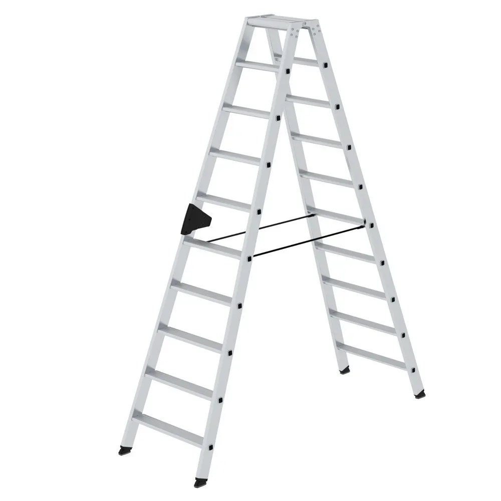 Munk Stufen-Stehleiter, 2 x 10 Stufen, Rechteckrohr-Holme, 80 mm geriffelte Stufen, 150 kg Belastung, nivello® Leiterschuhe, ergo-pad® Griffzone, 4-fach verschraubt
