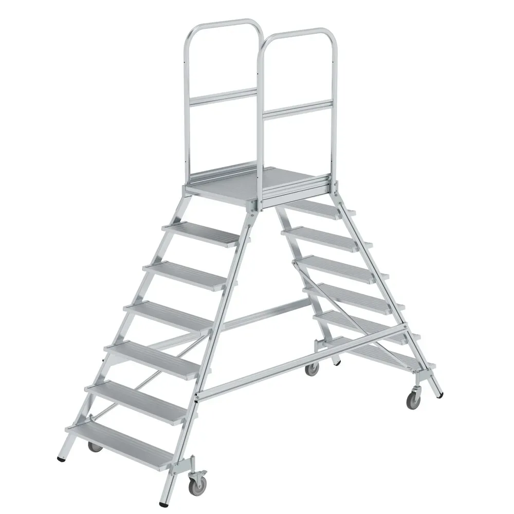 Munk Podesttreppe beidseitig begehbar mit Federrollen Aluminium geriffelt 7 Stufen