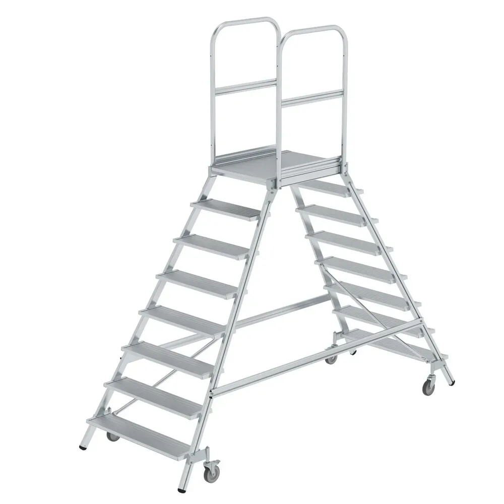 Podestleiter mit zweiseitigem Aufstieg, Plattform und Stufen aus Leichtmetall, 2 x 8 Stufen inkl. Plattform MUNK