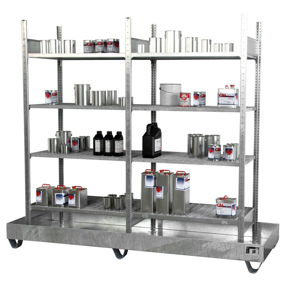 Kleingebinderegal BAUER S 3023-4E, Grund- und Anbauregal, B 2400 x T 800 x H 2000 mm, 4 Gitterrostböden + 1 Auffangwanne