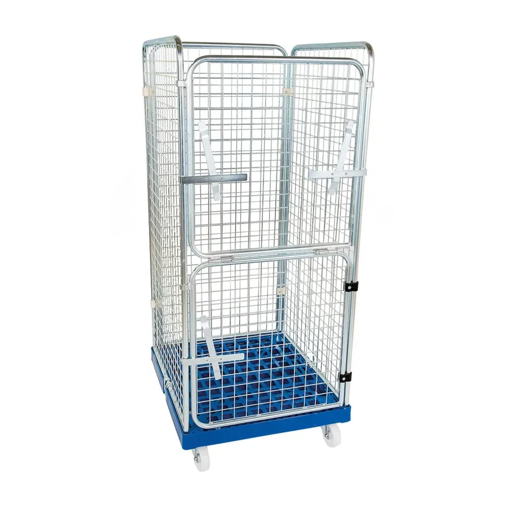 Rollbehälter Classic, 4-seitig, feinmaschig, blau verzinkt, Kunststoff-Rollplatte, CT-Verschluss, HxBxT 1.650 x 724 x 815 mm, verkehrsgrün