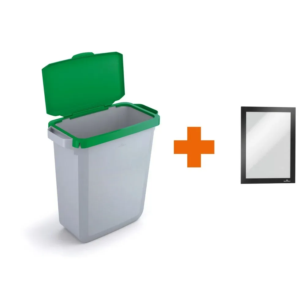 DURABLE Abfallbehälter DURABIN® 60L mit Klappdeckel + Info-Rahmen DURAFRAME®, grün