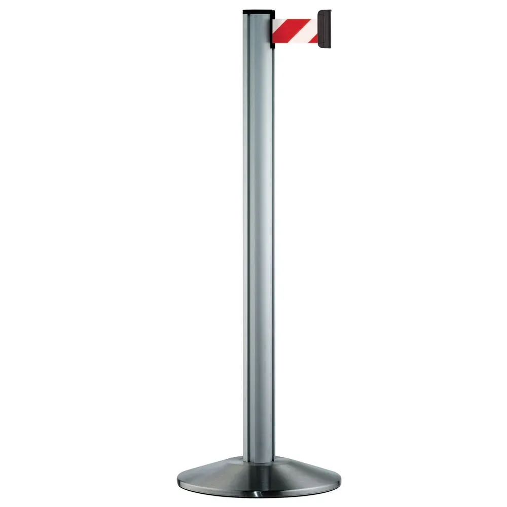 Personen-Leitsystem Classic, Ständer satiniert, Gurtfarbe rot / weiss diagonal gestreift