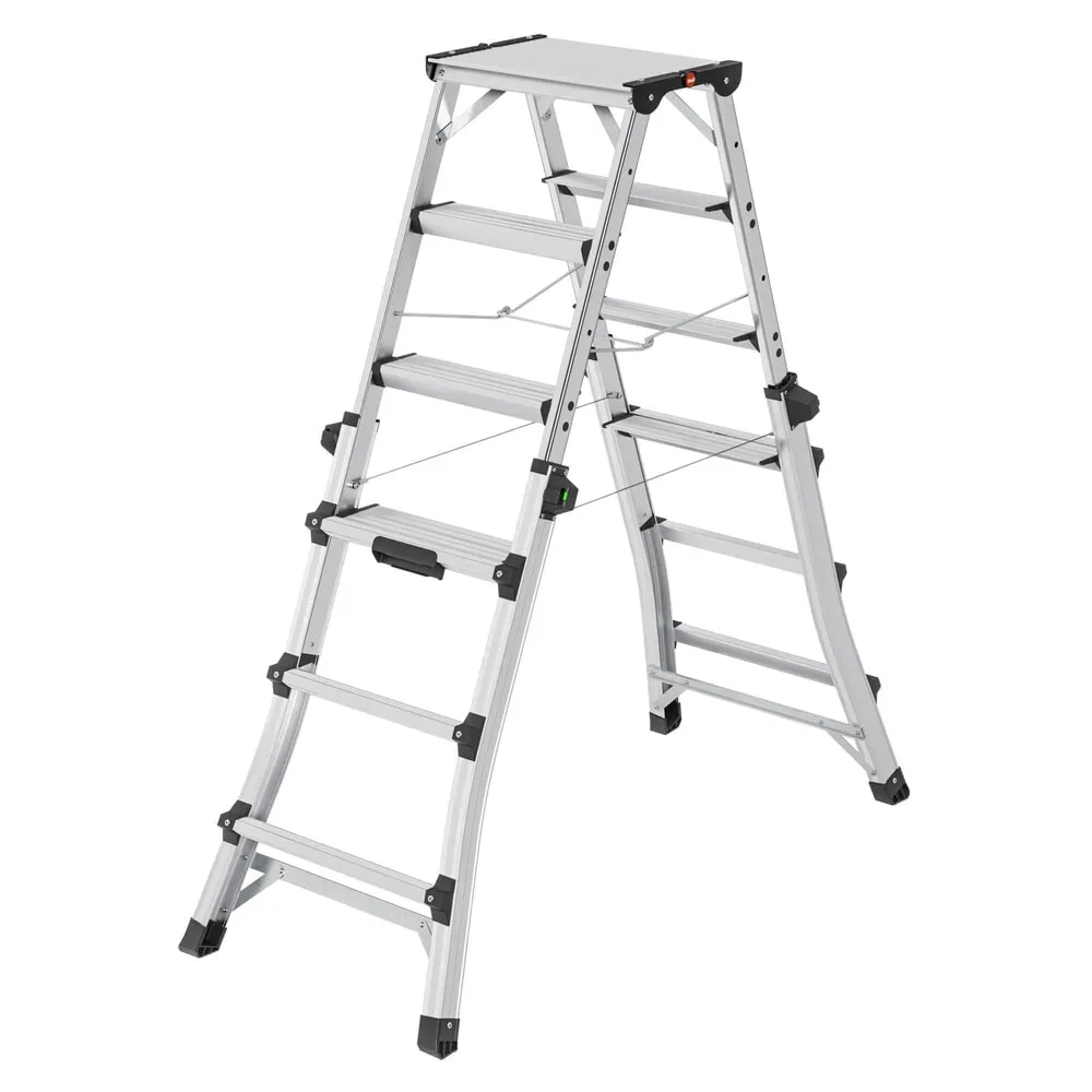 HAILO Alu-Doppel-Teleskopleiter D100, 2 x 4 - 2 x 6 Stufen, Spreizsicherung, Kunststofffüsse, bis 287 cm Arbeitshöhe, bis 150 kg