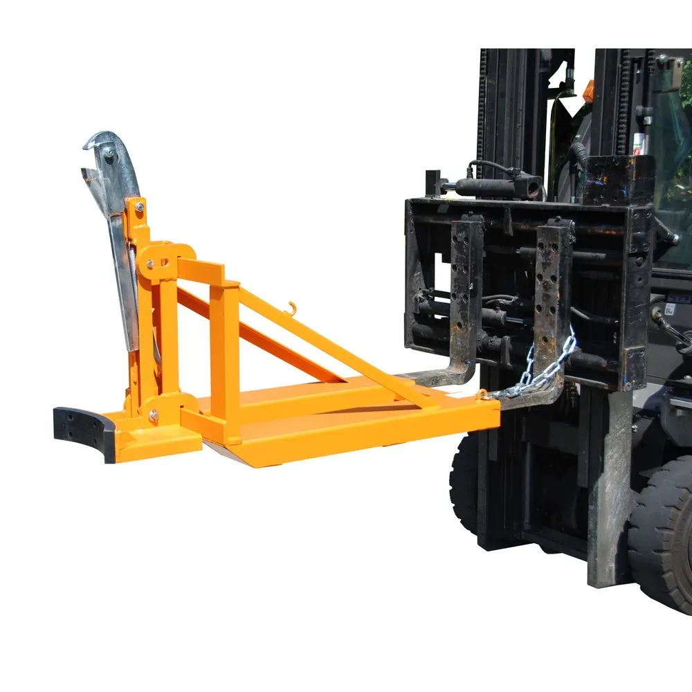 Bauer® Fassgreifer, Stahl- und Kunststoff-L-Ringfässer, Stapleranbau, Tragkraft 800 kg, RAL 2000 gelborange