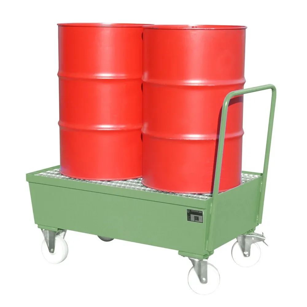 Bauer® Auffangwanne aus Stahl, verfahrbar, 2x 200 l stehend, Auffangvolumen 225 l, resedagrün